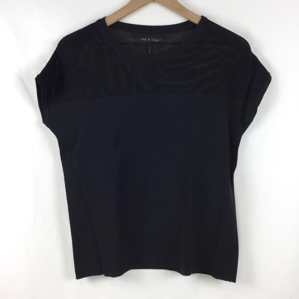 Rag & Bone Mesh Panel Navy Cap Sleeve Top, small
